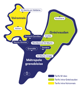 Circulez dans la Métropole grenobloise ou sur l'ensemble du réseau : bleu = tarifs M réso ; vert = tarifs intra-grésivaudan ; jaune = tarifs intra-voironnais